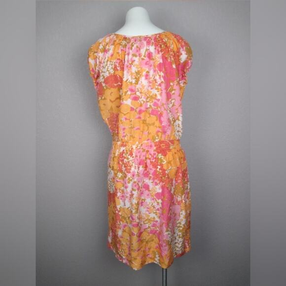 Talbots Pink Orange Silk Floral Drop Waist Dress Size Medium - Picture 4 of 14